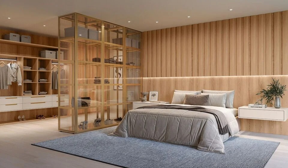 Quarto planejado com closet de vidro