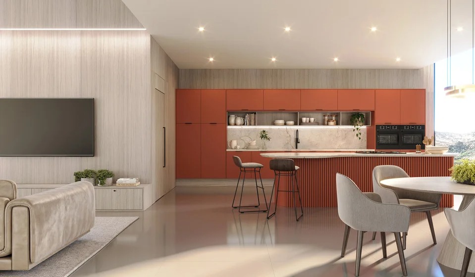 Cozinha planejada com armários terracota